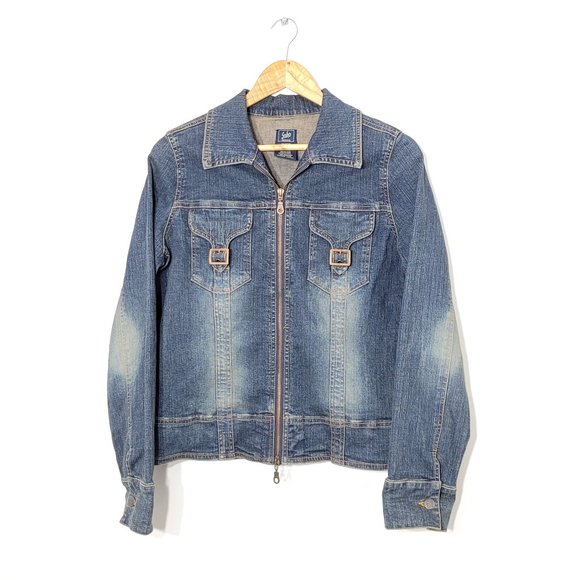 Soho Jean Denim 90s Jacket Zip Sandblasted Cotton Blend Stretch Y2K Washed Large - Picture 1 of 13